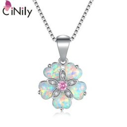 CiNdy-Collier en pierre rose opale de feu blanche pour femme fleur plaqué argent pendentif