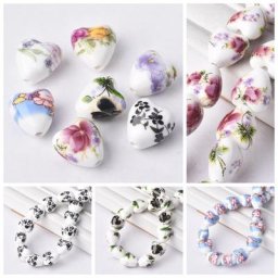 Lot de perles en céramique en forme de cœur pour bijoux motifs de fleurs artisanat en porcelaine