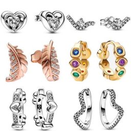 Boucle d'oreille en forme de cœur ondulé pour femme en argent Sterling 925 authentique avec plume