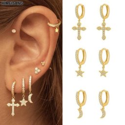 Boucles d'oreilles créoles en argent et or pour femmes bijoux en forme d'étoile de lune et de