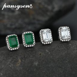 PANSYSEN-Boucles d'Oreilles Vintage en Argent Massif 925 pour Femme Rectangle Émeraude Moissanite
