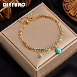 DIEYURO – Bracelet à breloques en pierre verte bohème en acier inoxydable 316L pour femmes chaîne