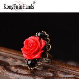 Bague en forme de rose rouge pour femme style rétro chinois réglable fleur rouge bijoux de style