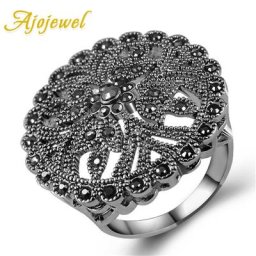 AjoDairy-Bagues rondes évidées pour femmes bijoux anciens originaux biscuits noirs bague vintage