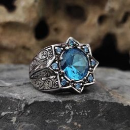 Bague à motif gravé à la main de sceau de dinde incrustation en métal vintage Ston bleu bague