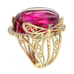 Creative Gold Color Hollow Out Dragonfly with Big Red Crystal Finger Ring Inlaid Micro Paved Tiny
