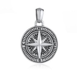 KUZZOI - KUZZOI Pendentif Hommes Boussole Massif en Argent Sterling 925 oxydé 1 unité