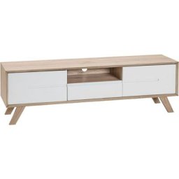 Meuble Tv en Imitation Bois Clair avec un Tiroir et 2 Portes Banches Mat Pieds en Bois de Pin 45 cm