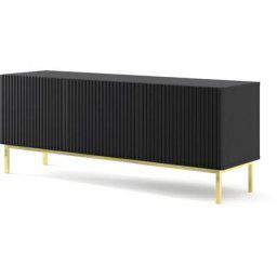 Ac-déco - Meuble tv Ravenna avec 3 portes en bois et cadre doré - Noir mat - l 150 x p 42 x h 58 cm