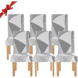 Set de 6 housses de chaises de salle à manger rétractables (blanc géométrique, lot de 6), housses