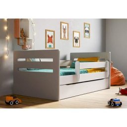 Lit enfant avec barrière de sécurité amovible blanc et gris Moly - Tiroirs Avec tiroir - Matelas