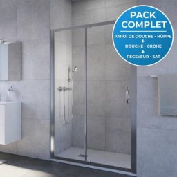 Hüppe - Pack douche complet comprenant Porte coulissante 120cm + Set de douche thermostatique Grohe