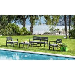 Dmora - Set salon d'extérieur Massa, Salon de jardin composé de 2 fauteuils, un 1 canapé et 1 table
