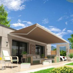 Store banne coffre onyx 6,00x3,50 m (Motorisé Secours à Télécommande - Blanc - Taupe) - Blanc