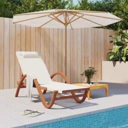 Chaise longue Bain de soleil Transat avec coussin blanc textilène/bois massif peuplier 81505 - Blanc