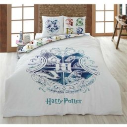 Parure de lit double réversible Harry Potter - Blason Hogwarts - Les 4 Maisons - Blanche et Bleue