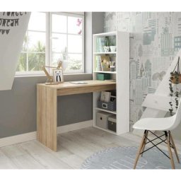 Bureau Denton, Bureau réversible avec bibliothèque 5 étagères, Table d'étude ou de bureau pour