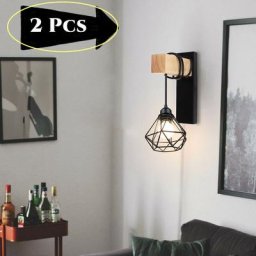 Wottes - Lot de 2 Applique Murale en Fer et Bois Moderne Abat-jour Diamant E27 pour Chambre Salon