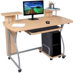 Table de bureau avec support de clavier, ordinateur et étagères Métal et bois de chêne