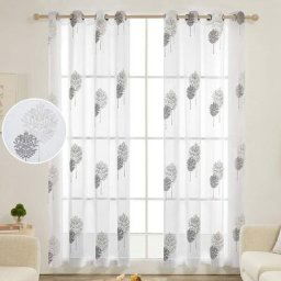 Lot de 2 Rideaux Voilages, avec Oeillet, Chambre et Salon, Effet Lin à Motif Arbres, 140x225 cm,