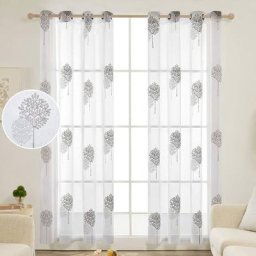 Deconovo - Lot de 2 Rideaux Voilages, avec Oeillet, Chambre et Salon, Effet Lin à Motif Arbres,