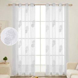 Lot de 2 Rideaux Voilages, avec Oeillet, Chambre et Salon, Effet Lin à Motif Arbres, 140x175 cm,