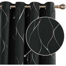 Deconovo Lot de 2 Rideaux occultants à illets, imprimé vagues métalliques, 117x229 cm, Noir - Noir