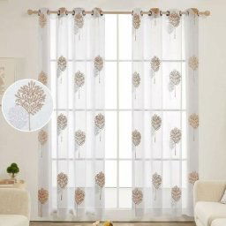 Lot de 2 Rideaux Voilages, avec Oeillet, Chambre et Salon, Effet Lin à Motif Arbres, 140x215 cm,
