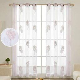 Lot de 2 Rideaux Voilages, avec Oeillet, Chambre et Salon, Effet Lin à Motif Arbres, 140x225 cm,