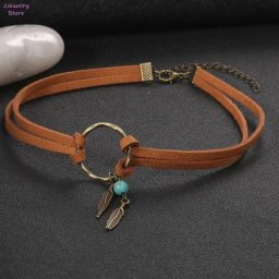 Tour de cou bohème en cuir marron pour femme pendentif perle de plume Boho collier JONecklace