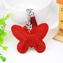 Porte-clés papillon en cuir avec pompon porte-clés en métal porte-clés en cristal breloque pour