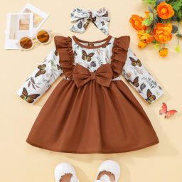 Ensemble 2 pièces pour bébés filles imprimé papillon fleur feuille col rond manches longues robe