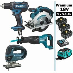 Pack Makita Premium 4 machines 18V 5Ah: Perceuse DDF482 + Scie récipro DJR186 + Scie sauteuse