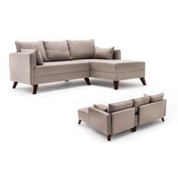 Canapé d'angle à droite convertible avec pouf Hermoso Tissu Blanc crème - Crème