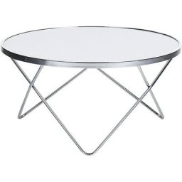 Table Basse Ronde avec Plateau en Verre Blanc et Structure en Métal Argenté pour Salon Moderne et