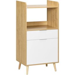 Meuble desserte de cuisine micro-onde style scandinave - porte, 2 étagères, tiroir, niche - blanc