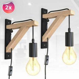B.k.licht - 2x Applique led Industrielle Métal Bois Rétro Lampe Vintage Noir E27 Câble Lot de 2