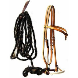 Bosal en cuir et cuir brut et mecate en crin de cheval complet avec tête de lit en cuir