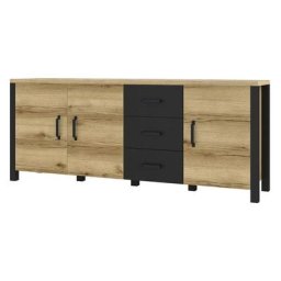 Buffet XL 190cm collection DARWIN. Couleur chêne clair et noir. 3 portes et 3 tiroirs - Marron