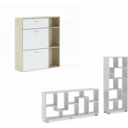 Ensemble Entrée - Meuble à chaussures couleur chêne/blanc + Bibliothèque blanc 68,5x25x161cm