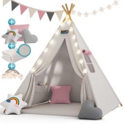 Spielwerk - Tipi enfant avec tapis Tente de jeu Enfants Guirlande lumineuse Tapis de jeu 3 coussins
