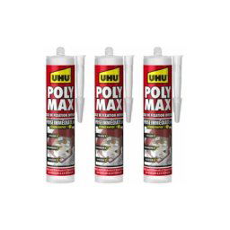 UHU - Lot de 3 colles mastic Prise Immédiate Polymax Invisible cartouche - 300 g - Transparent