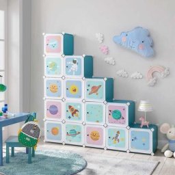 Meuble de Rangement Enfant 16 Cubes, Armoire modulable avec Portes, Étagère en Plastique, pour