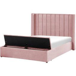 Lit Double en Velours avec Tête Rayée Haute et Rangement 140 x 200 cm Rose Noyers - Rose