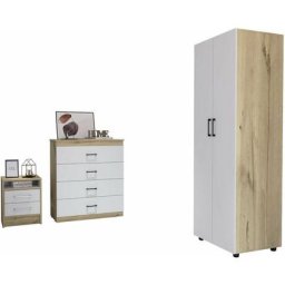 Ensemble Eter, Table de chevet + Commode 4 Tiroirs + Armoire 2 Portes