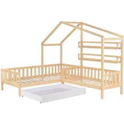 HONGYA ‎Lit cabane cot house enfant 90 x 200 cm + 140x70cm avec tiroirs et étagères, cadre clôture