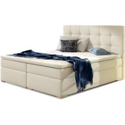 Lit coffre boxspring simili cuir beige clair avec matelas et surmatelas Kavin - Couchage 140x190 cm