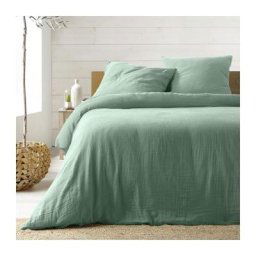 Parure de lit 240 x 220 cm double gaze coton uni 57 fils Angelia Sauge - Sauge