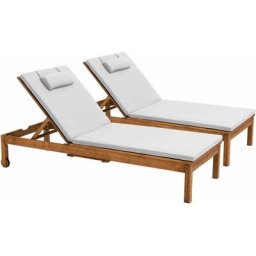 Lot de 2 bains de soleil avec coussin et tablette en bois écru - Blanc