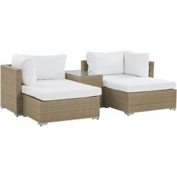 Mini Salon de Jardin Modulable 2 places en Rotin Marron Clair avec Coussins en Tissu Blanc Cassé